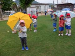 芝生で傘を差している子どもの写真