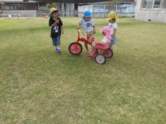 メンテナンスをした芝生の上で遊んでいる子どもたちの写真