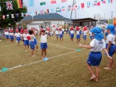 芝生に並んで体操をしている幼児の写真