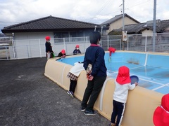 プールに氷ができているか見に行っている幼児の写真