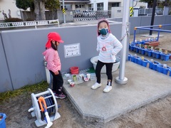 日陰の空き容器に氷ができているか確認している幼児の写真