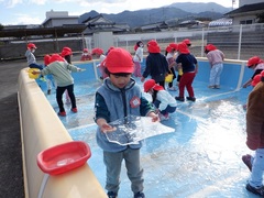 プールでできた氷を見付けた幼児の写真