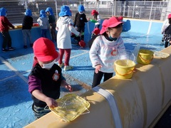 プールにできた氷を集めている幼児の写真