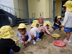 土団子作りをしている幼児の写真