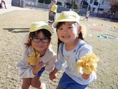 イチョウの葉っぱを集めて遊んでいる幼児の写真