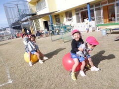 ホッピングボールで遊ぶ幼児の写真