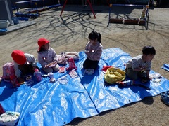 芝生園庭でお弁当を食べる幼児の写真