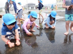 たわしを使ってプール掃除をしている幼児の写真