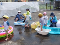 ビニールプールで遊んでいる幼児の写真