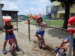 芝生園庭で遊ぶ幼児の写真