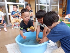 カレー作りの手伝いをする幼児の写真