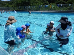 小学校のプールで遊ぶ様子