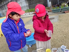 カップから氷を出そうとする幼児