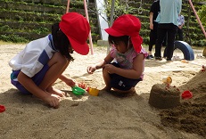 小学生と木の実を集める