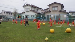 園庭で遊ぶ幼児の写真