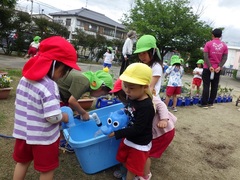 水やりをしている幼児の写真