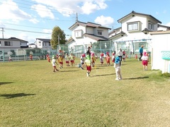 芝生園庭で遊ぶ幼児の写真