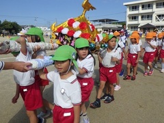 幼児がみこしを担ぐ様子