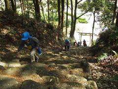 神社の階段を上る幼児