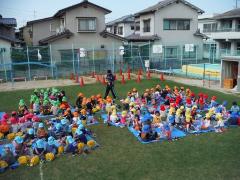 芝生で弁当を食べる幼児たち