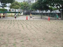 芝生の周りを走っている幼児