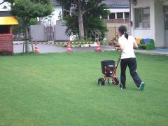 芝生に肥料をまいている