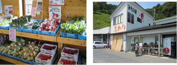 左）風和里で販売している農産品の写真　右）青空売場の店舗写真
