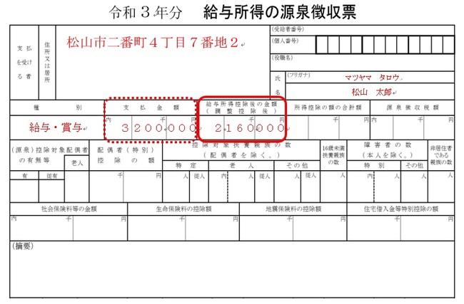 令和3年分　給与所得の源泉徴収票イメージ