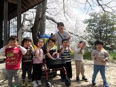 桜の木の前で記念写真を撮影する3歳児の子どもたち