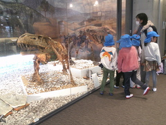 恐竜の剥製を見ている子どもの写真