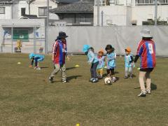 写真：先生と園児たちがサッカーをしている様子